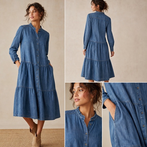 Boden Dresses & Skirts - Boden Denim Tiered Midi Dress Womens US 12R Blue Cotton Button Front Pockets
